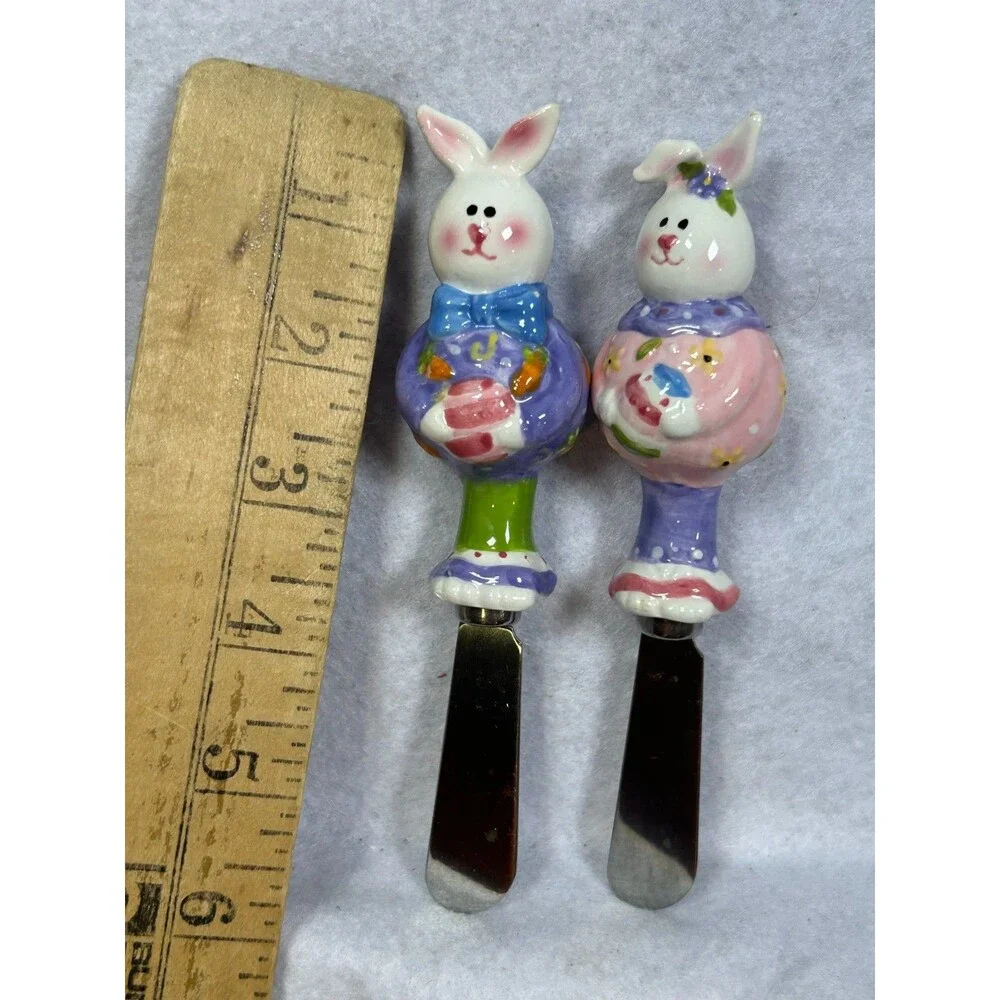 Set 5 Easter Bunny Rabbit Ceramic Cheese Butter Spreaders Knives Spring Decor